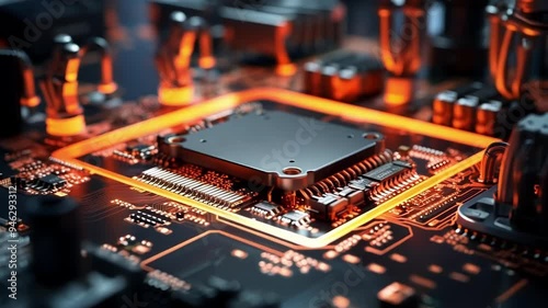 Close up of a modern cpu with illuminated orange lights, symbolizing the intense processing power and complex calculations happening within a computer system