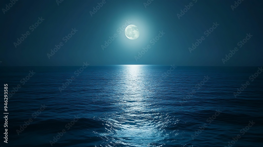 A serene night scene featuring a full moon shining brightly over a calm ocean, with its light reflecting on the water, creating a tranquil and peaceful atmosphere. A serene night scene featuring a full moon shining brightly over a calm ocean, with its light reflecting on the water, creating a tranquil and peaceful atmosphere.
