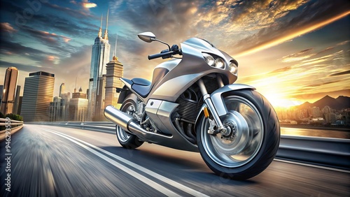 A sleek, silver motorbike with a bold, graphic icon emblazoned on its fuel tank, speeding down a winding road amidst a blurred urban landscape background. photo