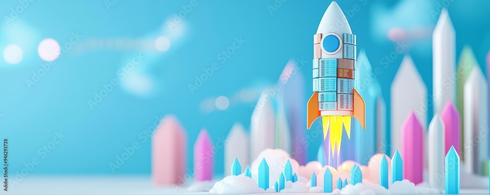 3D illustration of a rocket ship made of productivity charts launching into the sky, symbolizing high economic performance 3D illustration of a rocket ship made of productivity charts launching into the sky, symbolizing high economic performance