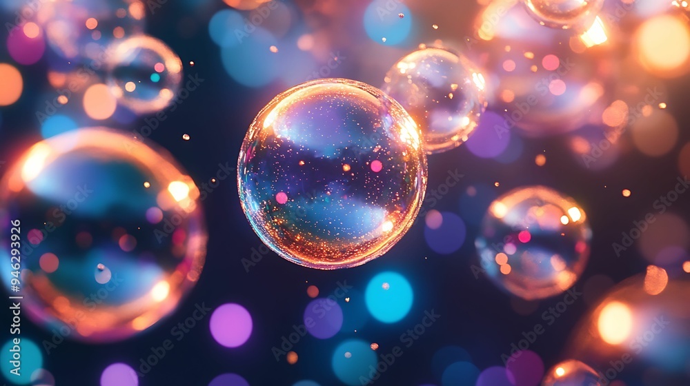 A close-up of glowing soap bubbles floating amidst vibrant bokeh lights, creating a magical and playful atmosphere with vivid, multicolored reflections. A close-up of glowing soap bubbles floating amidst vibrant bokeh lights, creating a magical and playful atmosphere with vivid, multicolored reflections.