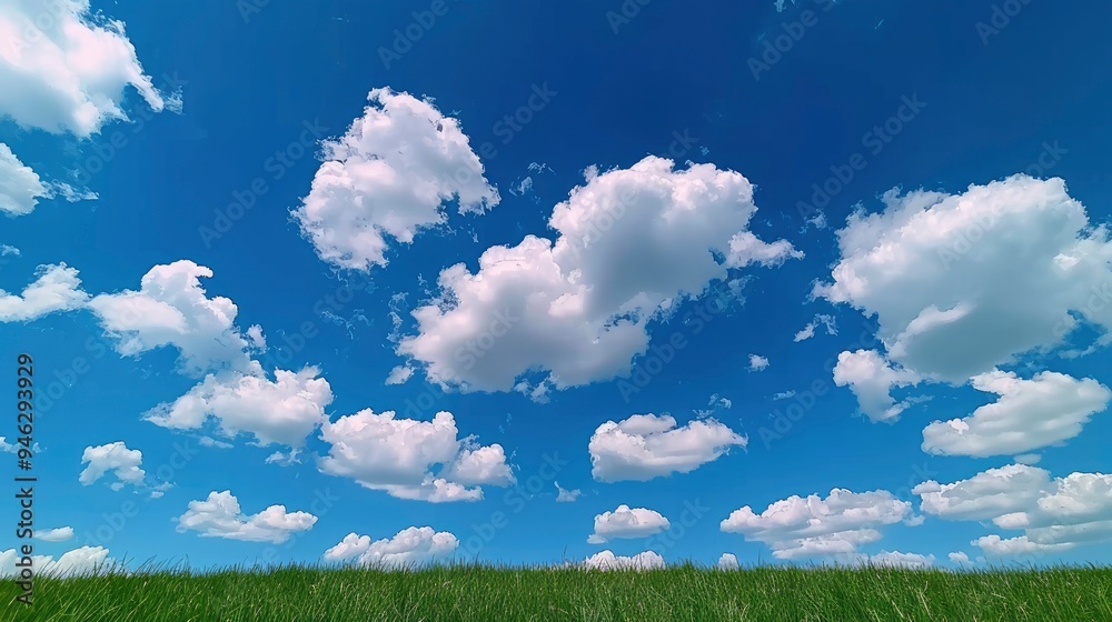 Blue Sky with Fluffy White Clouds over Green Grass Field Blue Sky with Fluffy White Clouds over Green Grass Field