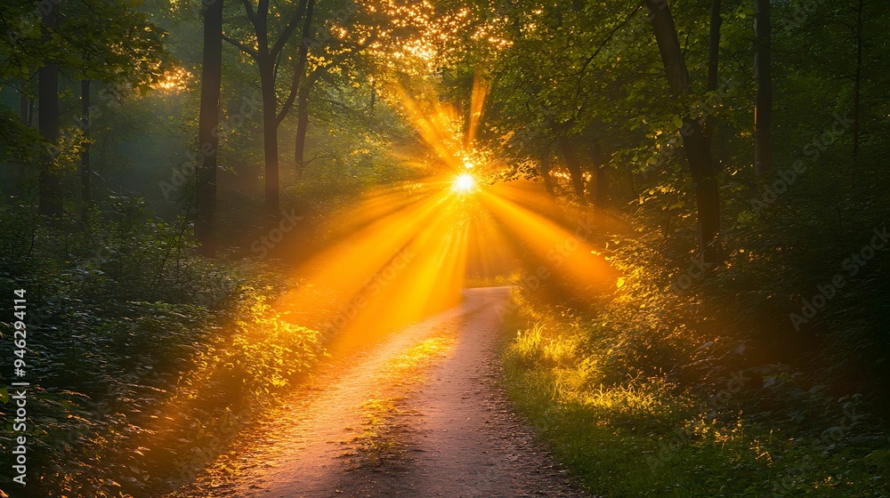 Obraz premium A serene forest path bathed in the warm golden light of the sunrise, with sun rays streaming through the trees and creating a peaceful, enchanting atmosphere.