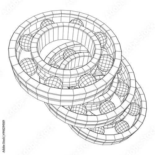Roller bearing. Circular round rotating bearings used in industry for heavy equipment mechanical work and engineering. Wireframe low poly mesh vector illustration.