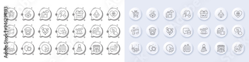 Romantic gift, Bumper cars and Honeymoon cruise line icons. White pin 3d buttons, chat bubbles icons. Pack of Gift shop, Luggage insurance, Love music icon. Vector