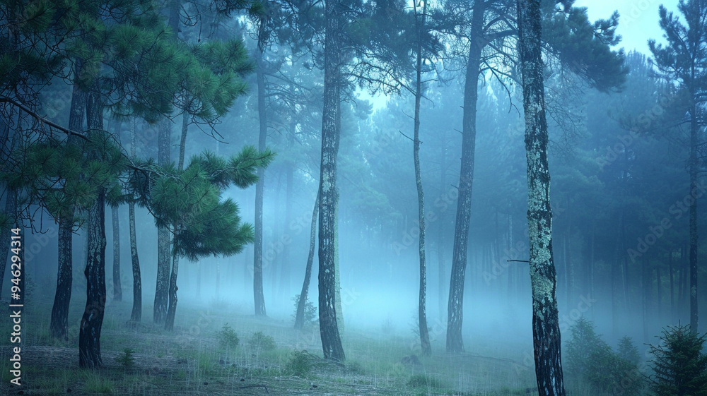 Fototapeta premium a misty forest scene at dawn with tall pines shrouded in fog