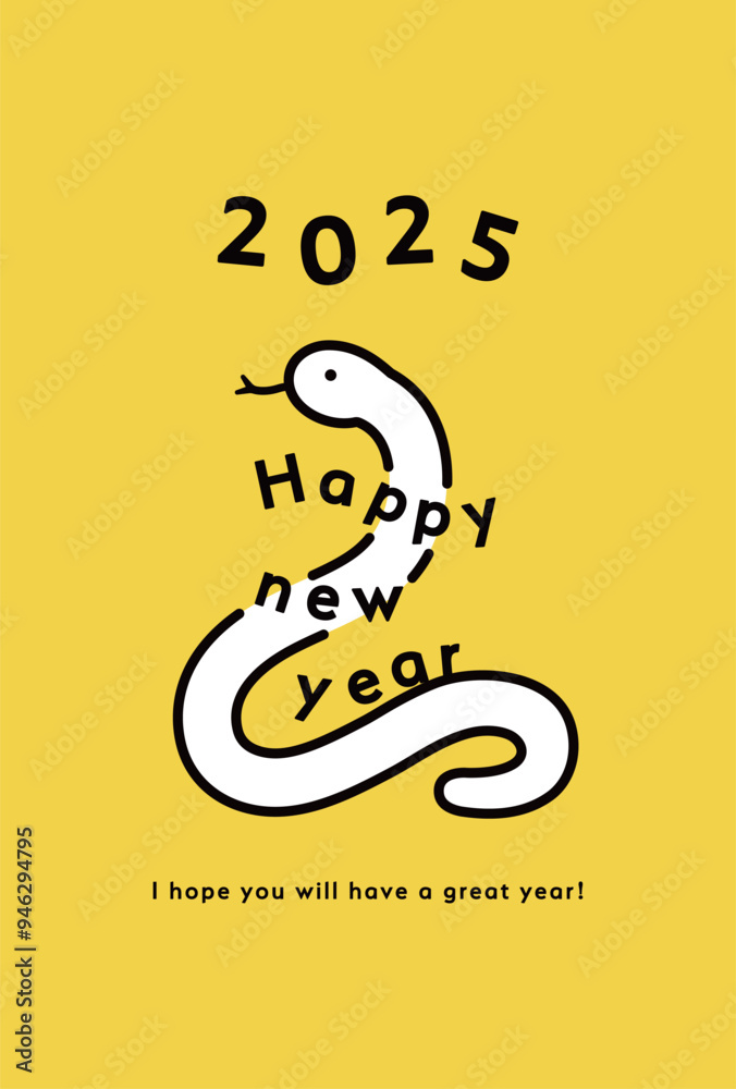 Fototapeta premium 2025年巳年の年賀状テンプレート イラスト へび年 かわいい おしゃれ シンプル デザイン 年賀