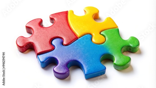 A solitary, brightly colored jigsaw puzzle piece lies isolated on a white background, waiting to be fit into its corresponding puzzle, symbolizing unity and wholeness.
