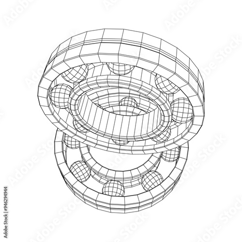 Roller bearing. Circular round rotating bearings used in industry for heavy equipment mechanical work and engineering. Wireframe low poly mesh vector illustration.