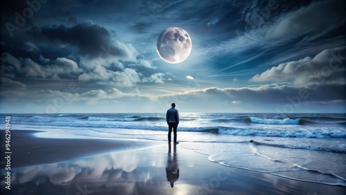 A solitary figure stands at the edge of a desolate, moonlit beach, surrounded by vast emptiness, conveying a profound sense of isolation and melancholy.