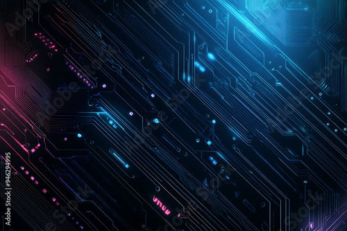  Abstract representation of a circuit board with glowing neon lines and geometric patterns against a dark background. The image evokes a high-tech, futuristic feel with ample copy space