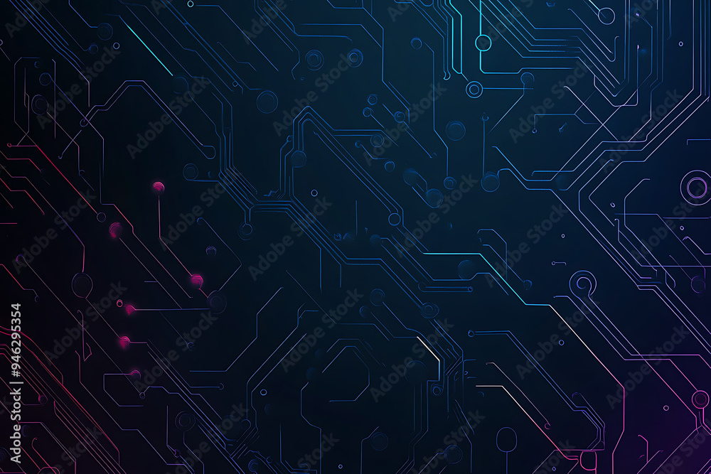 Abstract representation of a circuit board with glowing neon lines and geometric patterns against a dark background. The image evokes a high-tech, futuristic feel with ample copy space Abstract representation of a circuit board with glowing neon lines and geometric patterns against a dark background. The image evokes a high-tech, futuristic feel with ample copy space