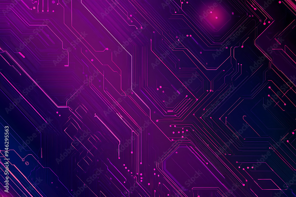 Abstract representation of a circuit board with glowing neon lines and geometric patterns against a dark background. The image evokes a high-tech, futuristic feel with ample copy space Abstract representation of a circuit board with glowing neon lines and geometric patterns against a dark background. The image evokes a high-tech, futuristic feel with ample copy space