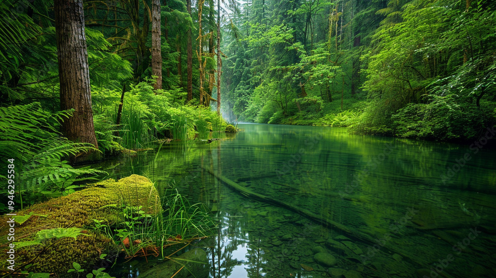 a serene forest lake surrounded by lush greenery and tall trees a serene forest lake surrounded by lush greenery and tall trees
