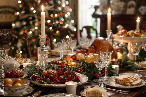 This inviting scene showcases a cozy Christmas dinner table filled with holiday treats, flickering candles, and charming decorations, embodying the warmth and joy of family gatherings.