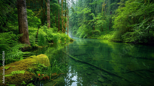 a serene forest lake surrounded by lush greenery and tall trees