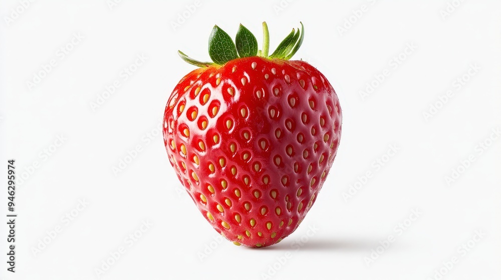 A vibrant red strawberry with green leaves on a plain background. A vibrant red strawberry with green leaves on a plain background.