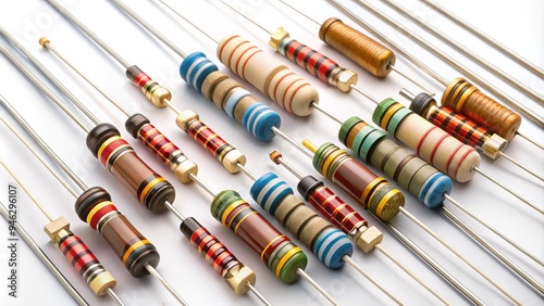 Assorted electrical resistors in various sizes and colors, with metal leads and ceramic bodies, arranged in a grid on a white background.