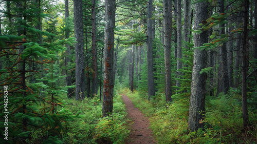 a serene forest scene with a narrow trail leading through tall, whispering pines