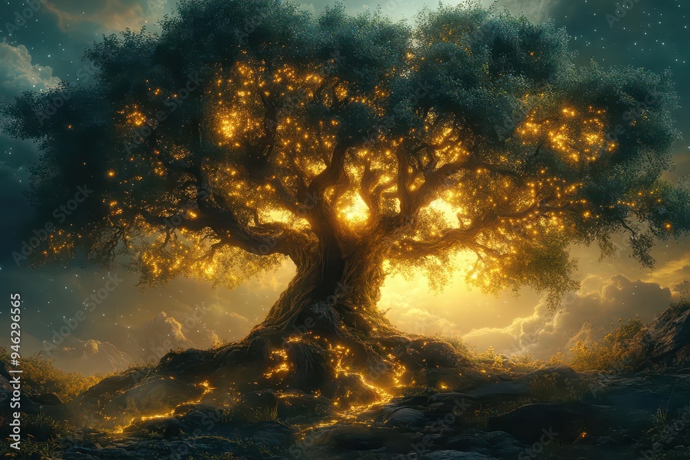 ethereal illustration of ancient tree radiating divine light from its ...