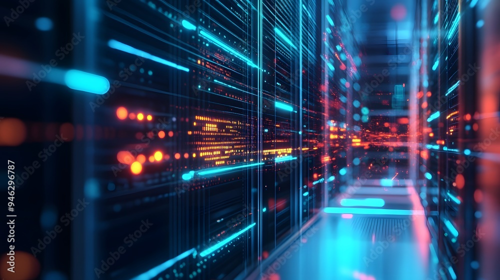 Close-up of a futuristic server room with blockchain data streams visualized as glowing lines Close-up of a futuristic server room with blockchain data streams visualized as glowing lines