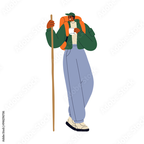 Hiker with backpack and trekking staff. African American man, holiday adventure and travel. Happy male tourist camper holding cup, hiking. Flat vector illustration isolated on white background
