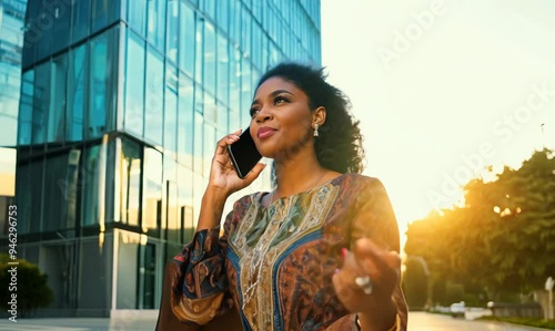 Nigerian Woman Speaking on Phone Outside Office Building