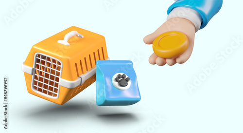 Concept of donating to homeless animal fund. Realistic hand holds coin near carrier