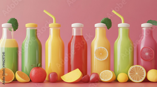 Organic juice bottles, made from fresh fruits, 3D illustration1 photo