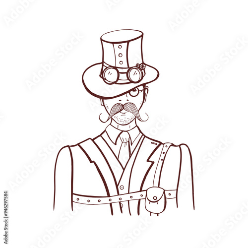 Steampunk gentleman in Victorian style. Man in vintage hat, goggles, monocle ...