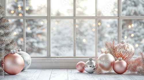 A window with a christmas tree and ornaments on a wooden table photo