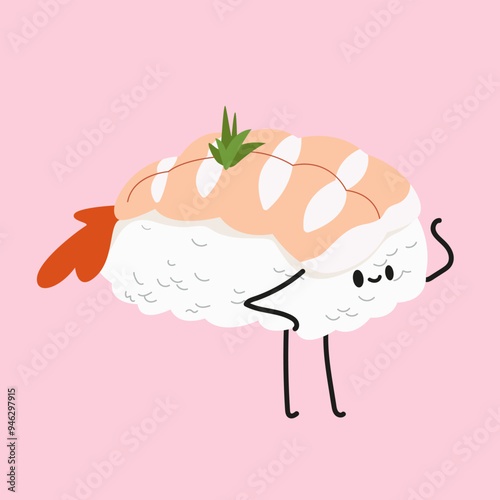 Traditional asian food. Set of flat cute sushi with rice, salmon, tuna, tiger prawn, caviar, fish, avocado and seaweed. Vector character collection on a pink background