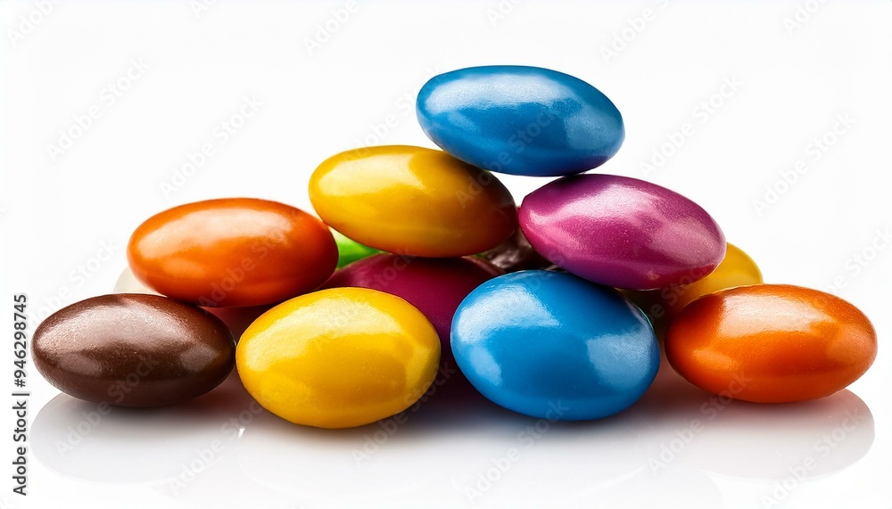 Close up of a pile of colorful chocolate coated candy isolated on white background Close up of a pile of colorful chocolate coated candy isolated on white background