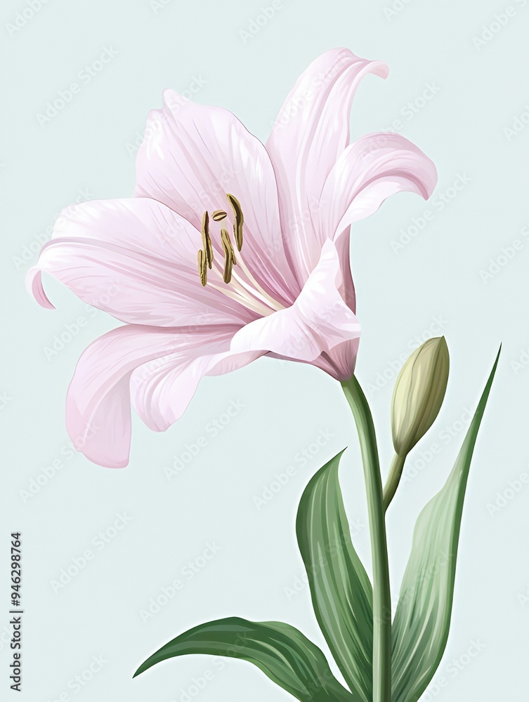 Naklejka premium A delicate pink lily flower with green leaves against a light background.