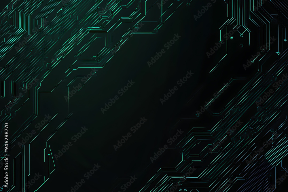  Abstract representation of a circuit board with glowing neon lines and geometric patterns against a dark background. The image evokes a high-tech, futuristic feel with ample copy space