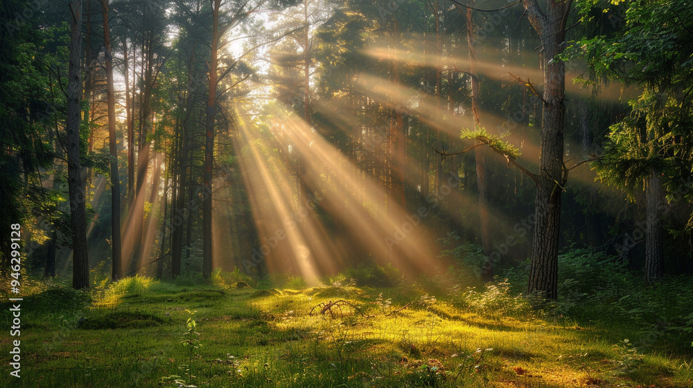 an image of a forest clearing with sunbeams breaking through the trees an image of a forest clearing with sunbeams breaking through the trees