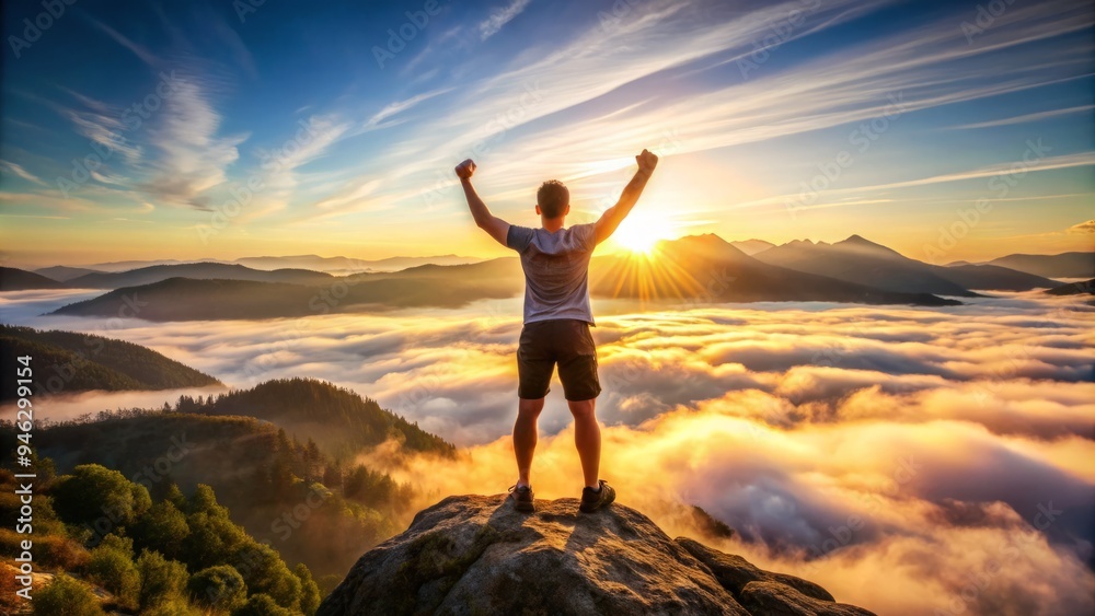 A toned athlete stands triumphantly on a mountain summit at sunrise, arms raised in victory, with a breathtaking landscape and misty valleys unfolding in the background. A toned athlete stands triumphantly on a mountain summit at sunrise, arms raised in victory, with a breathtaking landscape and misty valleys unfolding in the background.