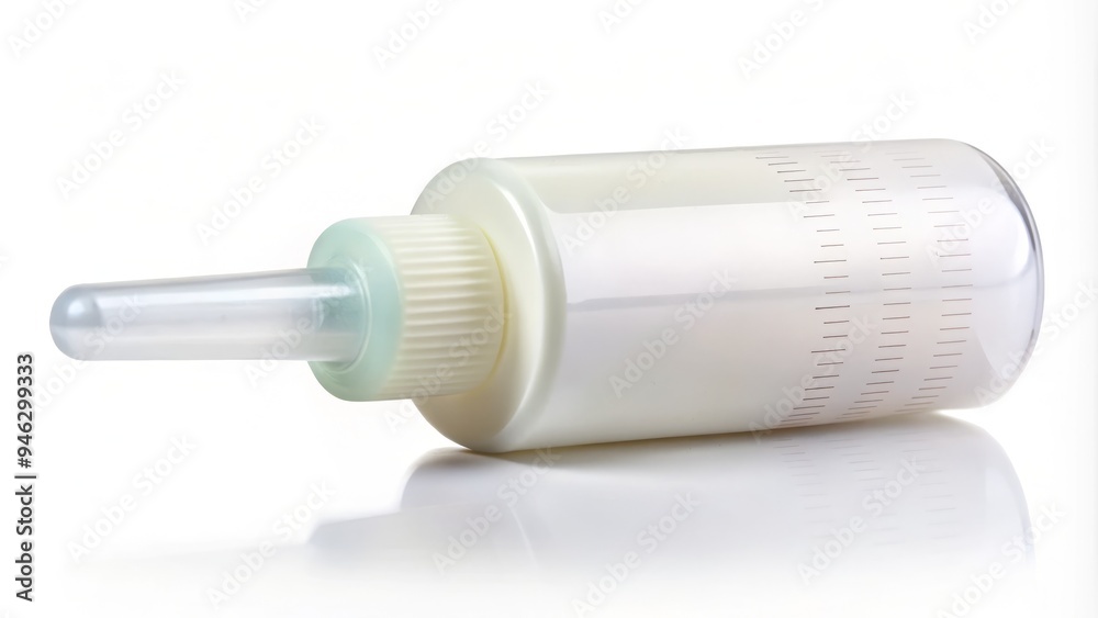 A translucent white plastic dropper bottle with a rounded body and precise measuring scale on the side, isolated on a clean white background. A translucent white plastic dropper bottle with a rounded body and precise measuring scale on the side, isolated on a clean white background.