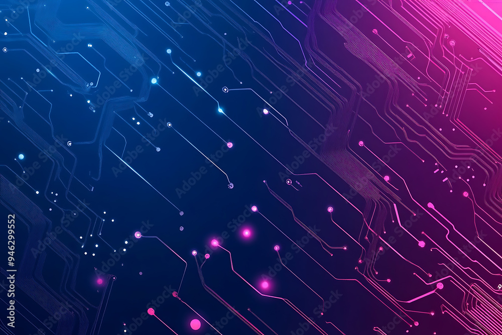  Abstract representation of a circuit board with glowing neon lines and geometric patterns against a dark background. The image evokes a high-tech, futuristic feel with ample copy space