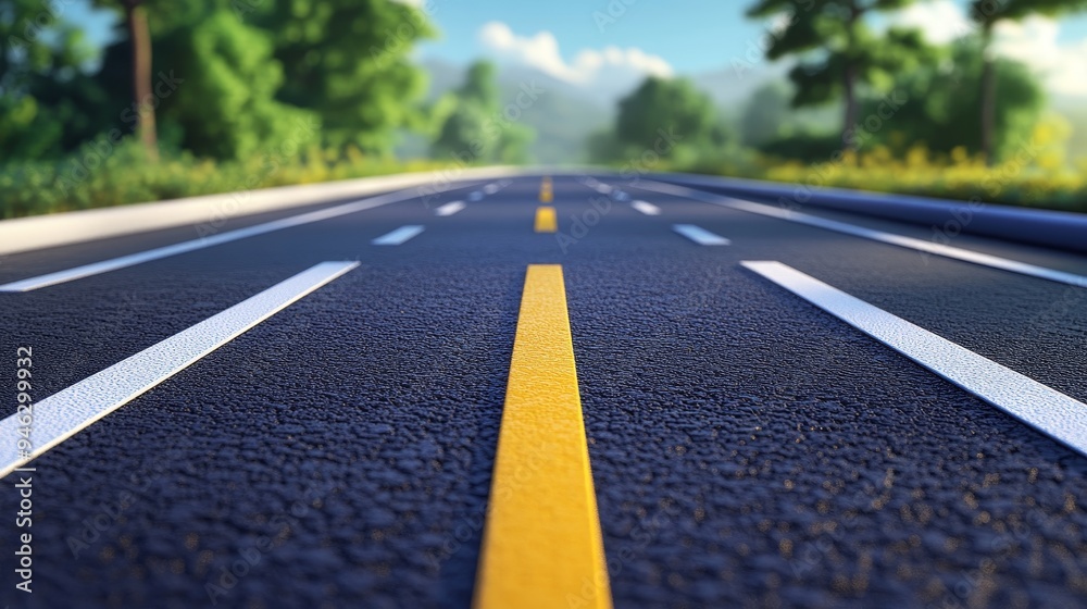 Obraz premium A long, straight asphalt road with yellow lines leading to a horizon of trees and mountains.