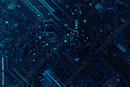  Abstract representation of a circuit board with glowing neon lines and geometric patterns against a dark background. The image evokes a high-tech, futuristic feel with ample copy space