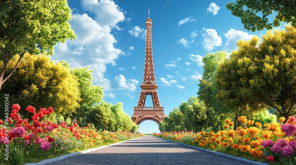 Fototapeta premium A picturesque path lined with vibrant flowers leads towards the iconic Eiffel Tower, bathed in the golden light of a sunny day.