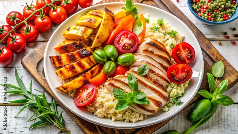 A vibrant overhead shot of a colorful and appetizing meal featuring a variety of fresh vegetables, grilled chicken, and quinoa on a white ceramic plate. A vibrant overhead shot of a colorful and appetizing meal featuring a variety of fresh vegetables, grilled chicken, and quinoa on a white ceramic plate.
