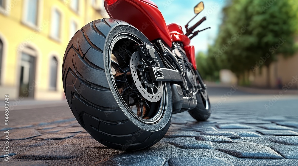 A red motorcycle parked on a cobblestone street, with a focus on the rear tire. The motorcycle is in the foreground, with a building in the background. A red motorcycle parked on a cobblestone street, with a focus on the rear tire. The motorcycle is in the foreground, with a building in the background.