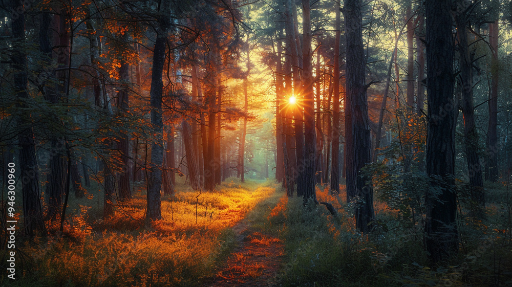 the beauty of a forest at sunset with warm light filtering through the trees the beauty of a forest at sunset with warm light filtering through the trees