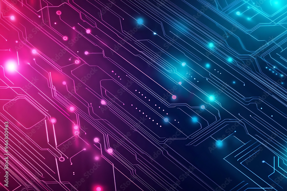 Abstract representation of a circuit board with glowing neon lines and geometric patterns against a dark background. The image evokes a high-tech, futuristic feel with ample copy space Abstract representation of a circuit board with glowing neon lines and geometric patterns against a dark background. The image evokes a high-tech, futuristic feel with ample copy space