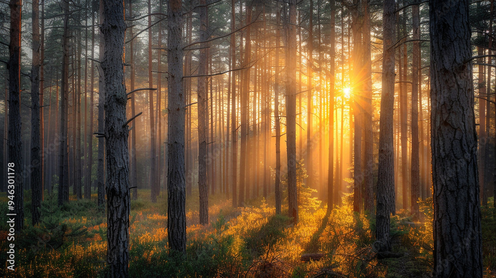 Obraz premium the beauty of a forest at sunset with warm light filtering through the trees
