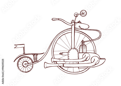 Steampunk bicycle design, vintage retro-futuristic vehicle. Bike with fantasy...