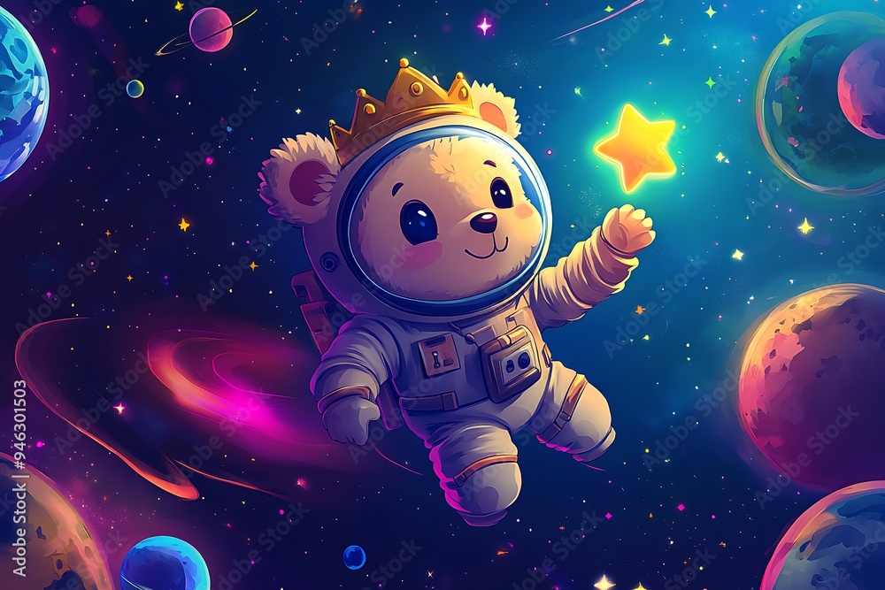 Naklejka premium Chibi Bear Astronaut in Space: Whimsical Anime Style Illustration of Cute Bear Wearing Crown and Spacesuit Holding Glowing Star Amid Planets