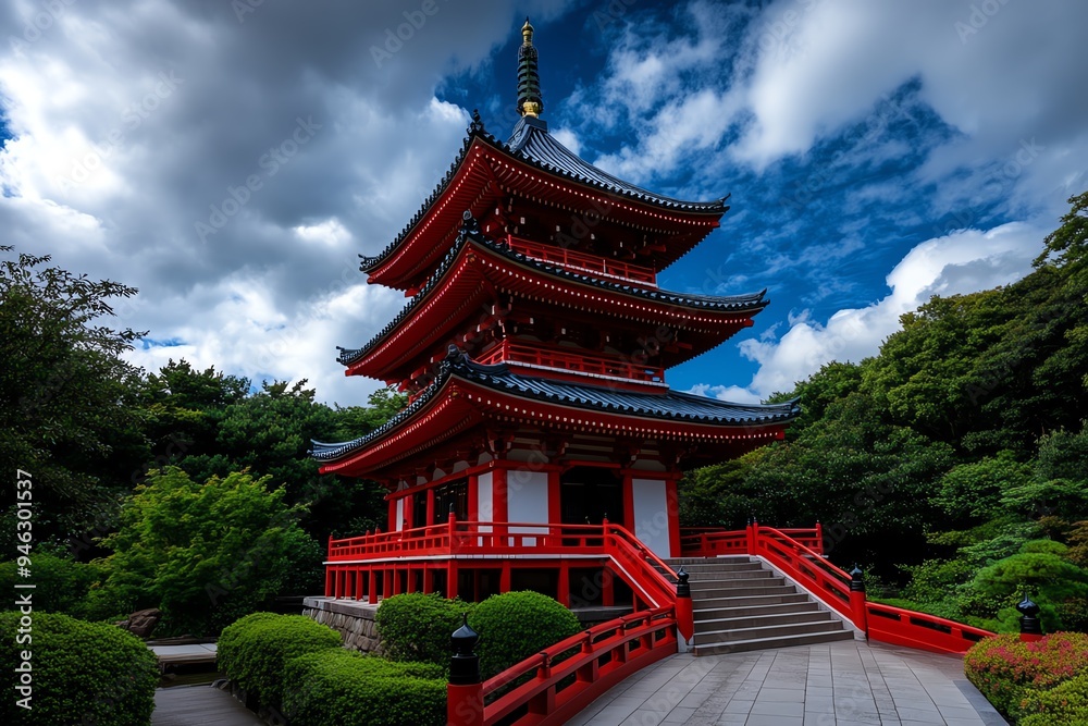 Japanese vermillion roof of a pagoda, depicted in an artwork where the color is contrasted against a dramatic sky filled with clouds Japanese vermillion roof of a pagoda, depicted in an artwork where the color is contrasted against a dramatic sky filled with clouds
